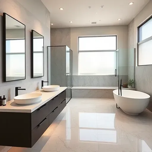 Modern renovated Hunters Creek Village TX bathroom with glass shower, freestanding tub, marble vanity, and neutral tones