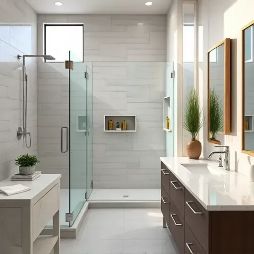 Renovated modern bathroom in Conroe TX with polished chrome fixtures, walk-in glass shower, marble countertops, and stylish decor