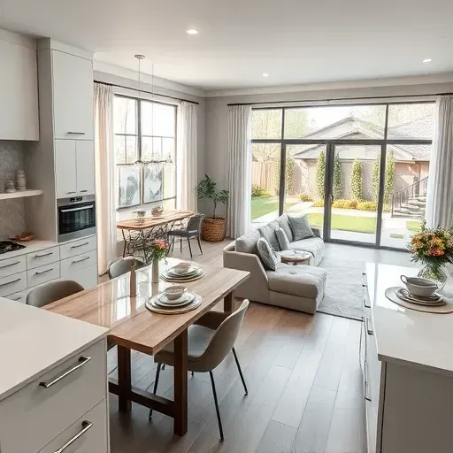 Modern Towne Lake kitchen with white quartz countertops, sleek cabinetry, and spacious dining and living areas, merging indoors and outdoors.