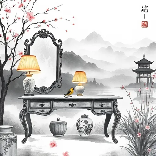 A serene vanity installation depicted in the style of Chinese Brush Painting, featuring an elegant ink-etched vanity table with flowing, intricate lines set against a misty monochromatic landscape of mountains and clouds. Delicate cherry blossoms with softly rendered petals drift across the scene, adding fleeting beauty. Nearby, traditional porcelain vases and minimalistic lamps with warm amber glow contrast with cooler gray and black tones, creating visual harmony. An ornate mirror with an elaborate frame reflects faint, abstract brushstrokes, inviting introspection. Whimsical touches include a small stylized bird perched on the vanity and splashes of vibrant pinks and reds suggesting luxury and personal expression. The background showcases a traditional Chinese garden with flowing grasses, bamboo stalks, and distant pagodas shrouded in mist, evoking tranquility, inner beauty, and serenity. Overall, the image blends classical elegance with modern creativity, capturing a poised yet playful atmosphere.
