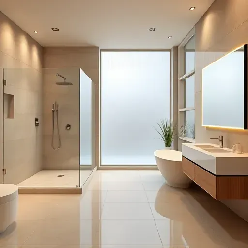 Remodeled North Houston bathroom with walk-in glass shower, freestanding tub, modern fixtures, warm neutral tones, and natural light