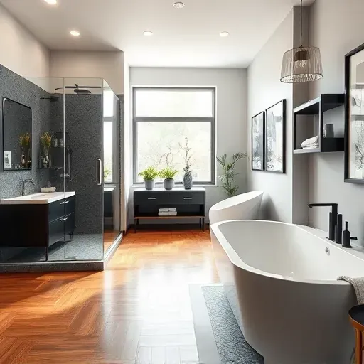 Remodeled Towne Lake TX bathroom with matte black fixtures, walk-in shower, freestanding tub, quartz countertops, hardwood floors and ambient lighting