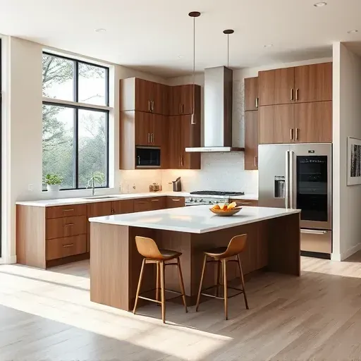 Contemporary kitchen in Tomball TX featuring sleek appliances, quartz countertops, and a spacious island with bar stools.