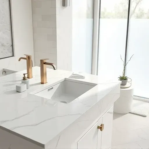 Freshly renovated bathroom in Spring TX with sleek marble countertop, modern sink, faucet, and natural light highlighting craftsmanship