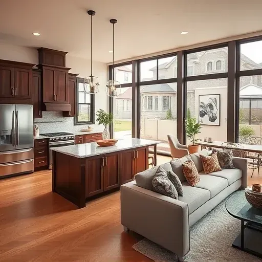 Beautifully remodeled kitchen and living area in Katy TX with dark wood cabinets, marble island, and modern decor.