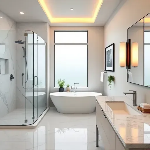 Recently renovated Klein TX bathroom featuring modern fixtures, walk-in glass shower, freestanding tub, marble countertops, and elegant decor