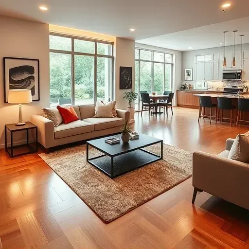 Modern Sugar Land living room blends neutral and bold colors with stylish decor, hardwood floors, and natural light.