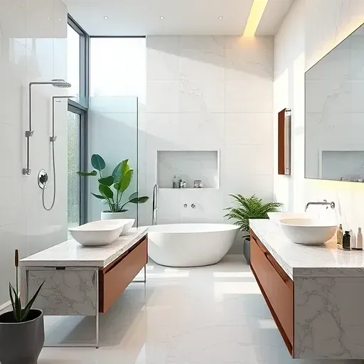 Remodeled bathroom in Bridgeland TX with modern fixtures, glass shower, freestanding tub, and stylish decor.