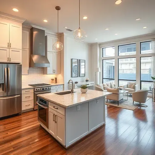 Modern kitchen remodel in Jersey Village TX with stainless steel appliances and elegant granite island, showcasing refined design.