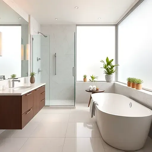 Remodeled luxury bathroom in Westpark Tollway TX with frameless glass shower, marble counters, soaking tub, and modern fixtures