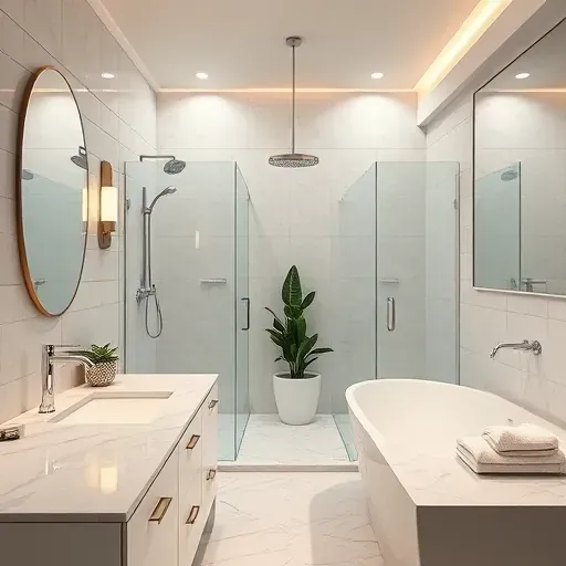 Modern remodeled bathroom in Westpark Tollway TX with glass shower bathtub marble countertops and lush green plants