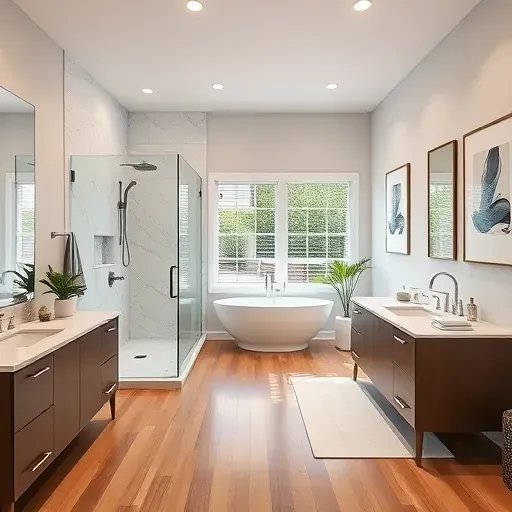 Renovated Jersey Village bathroom with modern fixtures, walk-in shower, freestanding tub, marble countertops, hardwood floors, and natural light