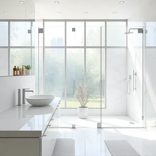 Modern bathroom with clear frameless glass shower doors, marble tiles, sleek fixtures, and natural sunlight in Spring TX