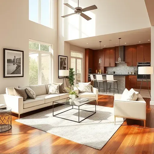 Transformed Pearland living room featuring modern decor, natural light, hardwood flooring, and stylish kitchen integration.