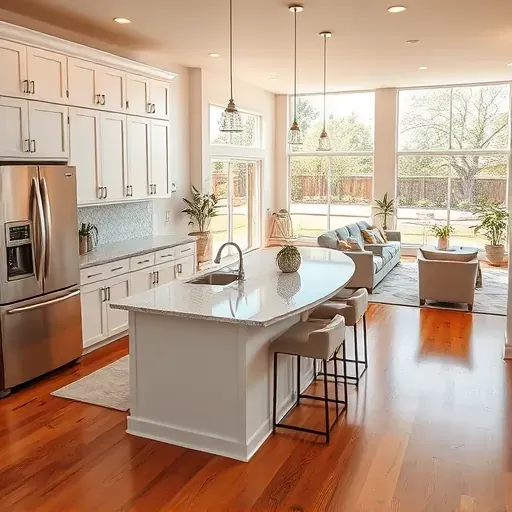 Modern kitchen remodel in Sugar Land TX features sleek steel appliances, white cabinets, granite island, and bright natural light.