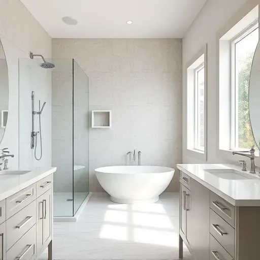 Recently remodeled bathroom in Shadow Creek TX with modern fixtures, walk-in shower, freestanding tub, and elegant lighting.
