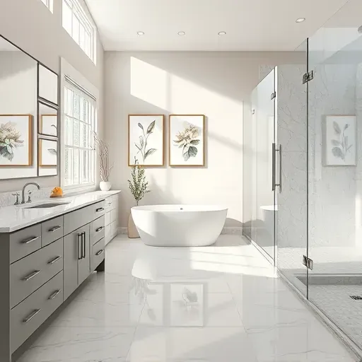 Completed modern bathroom in Conroe TX with marble countertops, soaking tub, walk-in shower, sleek cabinetry, and polished porcelain floors