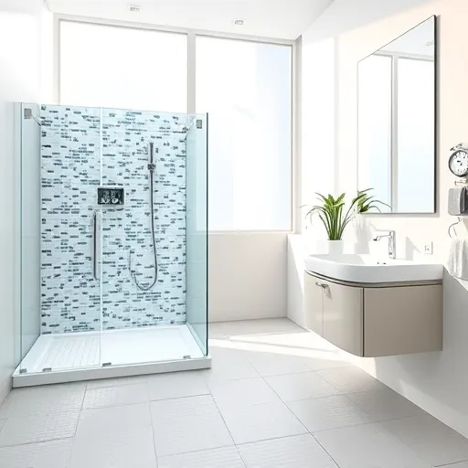 A highly detailed, hyperrealistic image of a modern, handicap-accessible bathroom featuring sleek design and functionality. The spacious bathroom is illuminated by soft natural light streaming through large frosted glass windows, creating gentle reflections on the gleaming tile floors. It includes a walk-in shower with a frameless glass enclosure, decorated with calming blue and white mosaic tiles, a sturdy fold-down bench, and integrated grab bars for safety. Adjacent to the shower, a wide, accessible vanity with a rounded sink and touchless faucet sits beneath a large mirror with built-in LED lighting, reflecting the warm, inviting atmosphere. The textured, slip-resistant flooring displays a playful pattern of tiny multicolored icons or abstract shapes, adding personality. Bright accents like a vibrant pothos plant in a quirky holder and a whimsical soap dispenser enhance the space's cheerful vibe. A waterproof clock shaped like a friendly animal adds a fun touch. The minimalist wall in soft pastel hues creates an airy, cozy environment emphasizing safety and ease of use. The overall scene masterfully blends practicality and style, showcasing tactile textures, reflective surfaces, and inviting lighting in hyperrealism that highlights the thoughtful, accessible bathroom design.