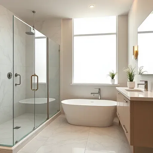 Completed modern bathroom remodel in Cinco Ranch TX with walk-in shower, marble tiles, soaking tub, and sleek fixtures