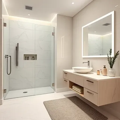 Modern bathroom in Atascocita TX with walk-in shower, marble tiles, sleek vanity, natural lighting, and elegant accessories