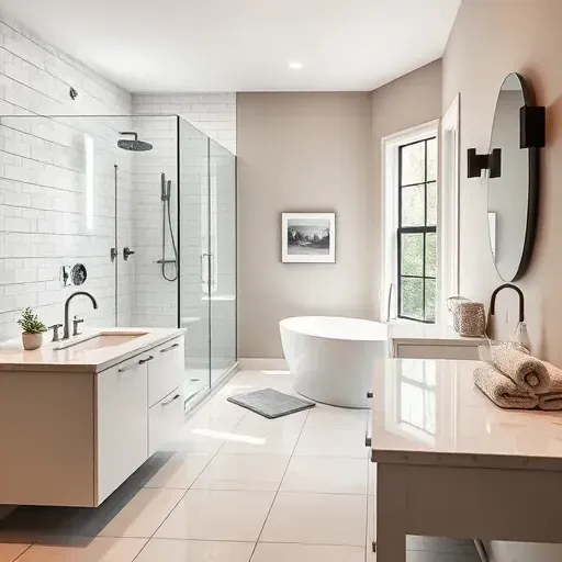 Remodeled Magnolia TX bathroom with modern fixtures, walk-in glass shower, soaking tub, marble vanity, and elegant decor