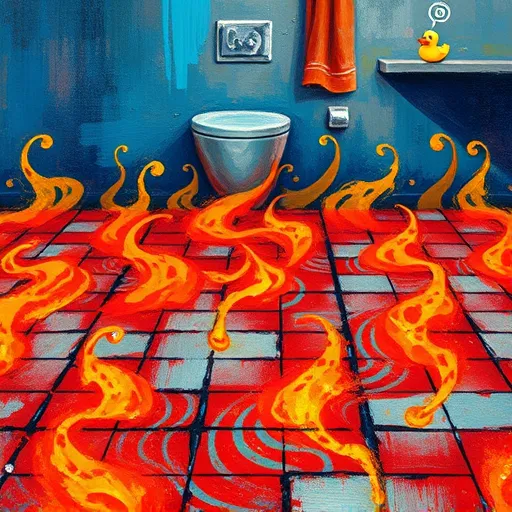 A bold, expressive art piece in 'ArtBrut' style depicting heated bathroom flooring with raw textures and vivid colors. The scene features a cross-section of a bathroom floor, with thick, uneven brushstrokes illustrating textured tiles arranged in a grid, some with jagged edges to emphasize tactile energy. Beneath the surface, swirling reds, oranges, and fiery tones blend with vibrant blues and cool grays to represent the warmth radiating upward through the flooring. Dynamic, swirling lines and exaggerated steam spirals convey heat waves rising, adding a playful, whimsical element. The background includes minimalist, abstract bathroom features such as exaggerated shelves and quirky objects like a squat soap dispenser and a rubber duck, rendered with jagged strokes. The overall mood is energetic, cozy, and surprising, highlighting raw artistic expression. The color palette centers on warm reds, oranges, and yellows contrasted with cool blues and grays to emphasize the heat versus cool bathroom environment, capturing the quirky and primal essence of heated bathroom flooring in a visually dynamic and uniquely expressive style.