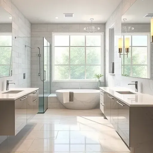 Remodeled Spring Branch TX bathroom with marble countertops, glass shower, soaking tub, modern fixtures, and natural light