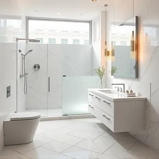 Beautiful remodeled bathroom in North Houston with sleek fixtures, marble tiles, walk-in shower, modern vanity, warm lighting