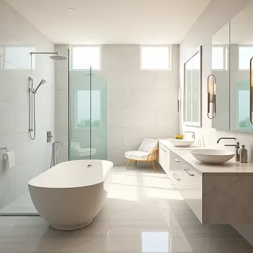 Remodeled Richmond TX bathroom with walk-in glass shower, soaking tub, marble dual vanity, and warm neutral tones