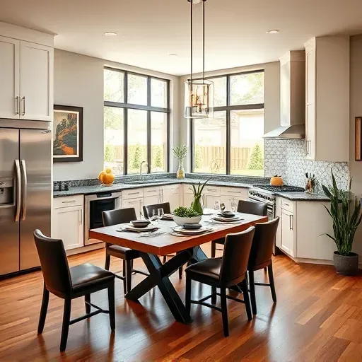 Modern West Houston kitchen remodel featuring sleek cabinetry, granite countertops, and natural light. Elegant dining area.