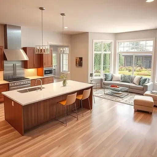 Open-concept kitchen in Conroe TX with modern style, white quartz island, stainless steel appliances, and cozy decor.