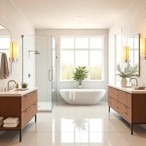 Renovated Magnolia TX bathroom with frameless glass shower, soaking tub, quartz vanities, subway tiles, and natural light
