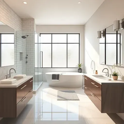 Renovated Aldine TX bathroom with glass shower, freestanding tub, double marble vanity, natural light, and modern fixtures