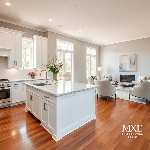 Modern kitchen remodel in Westpark Tollway Area TX with white cabinets, marble island, and polished hardwood floors.