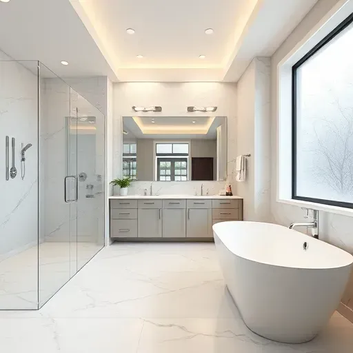 Renovated Pearland TX bathroom with frameless shower, marble tiles, soaking tub, modern vanity, and lush greenery