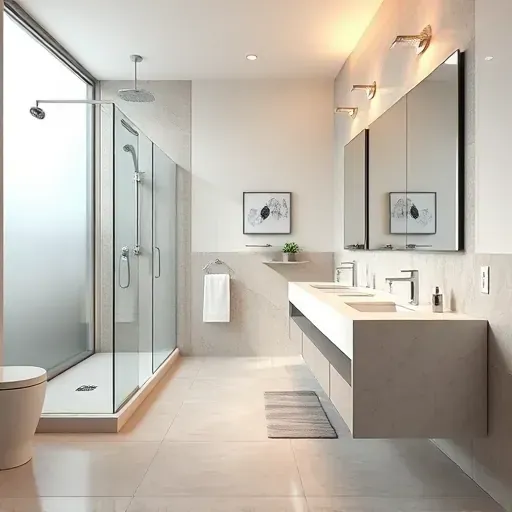 Modern remodeled bathroom in Spring TX with walk-in shower, quartz vanity, neutral tiles, frosted window, and sleek fixtures