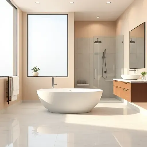 Modern remodeled bathroom in Spring Branch TX with white bathtub, quartz vanity, walk-in shower, neutral tones, elegant decor