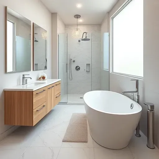 Recently remodeled Towne Lake TX bathroom with a soaking tub, glass shower, oak vanity, LED mirror, and upscale porcelain tiles