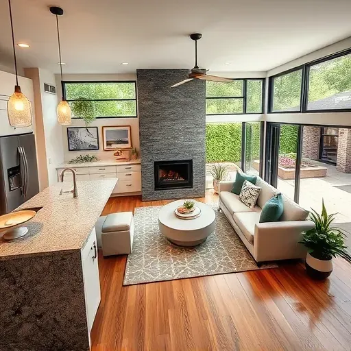 Open-concept living area in Friendswood TX with modern design, sleek kitchen, cozy sofa, and natural light.