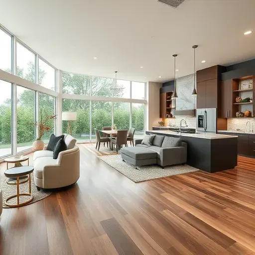 Modern open-plan living space in Clear Lake TX featuring hardwood floors, bright windows, and stylish kitchen appliances