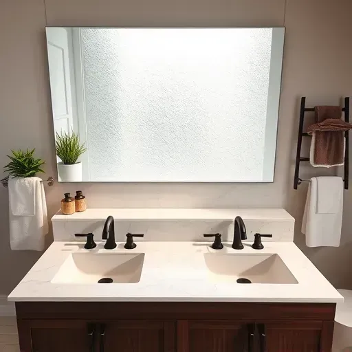 Modern bathroom with dark wood double vanity, marble countertops, matte black fixtures, large mirror and natural light