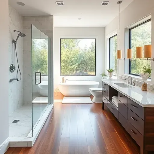 Renovated bathroom in The Woodlands TX with modern fixtures, walk-in shower, marble countertops, hardwood floors and lush greenery outside