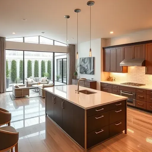 Modern Friendswood TX kitchen remodel with quartz countertops, stainless steel appliances, and stylish island, bright living area.