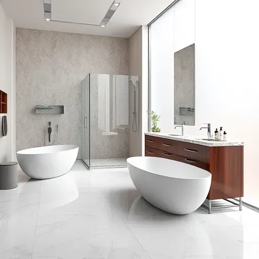 Modern Richmond TX bathroom remodel featuring sleek design, marble flooring, freestanding tub, and glass walk-in shower.