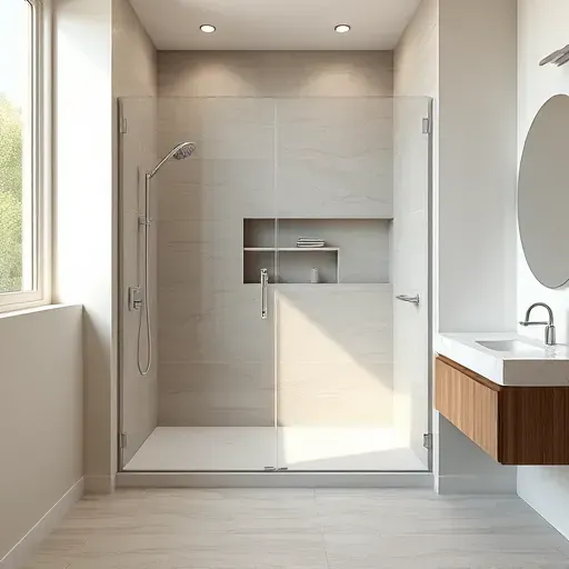 Spacious walk-in shower in Spring TX with matte porcelain tiles, frameless glass, chrome hardware, rainfall showerhead, and organic stone niche