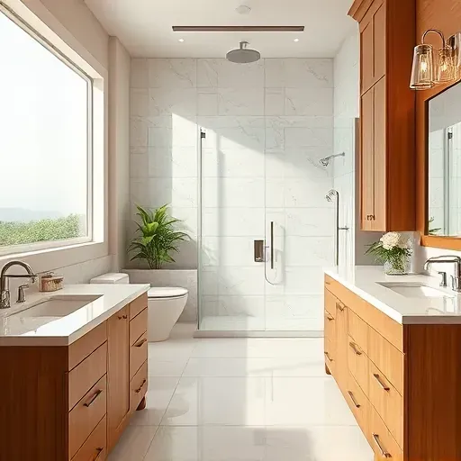 Remodeled Conroe TX bathroom with marble countertops, walk-in glass shower, natural lighting, modern cabinetry, and elegant fixtures