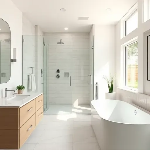 Renovated Cinco Ranch TX bathroom with modern fixtures, tilework, walk-in shower, soaking tub, minimalist decor, and natural lighting