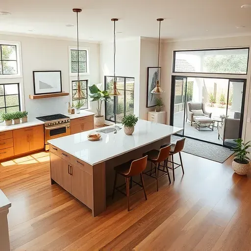 Spacious Friendswood TX living area with modern furnishings, open kitchen, hardwood flooring, and elegant patio view.