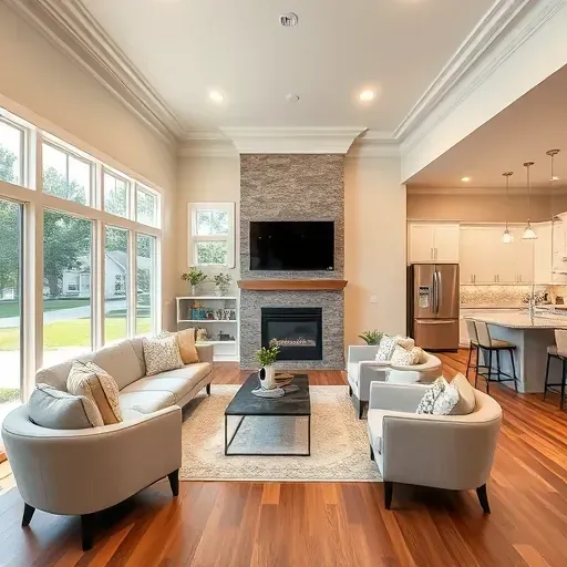 Renovated living room in Conroe TX with high ceilings, crown molding, and elegant decor, showcasing modern design elements.
