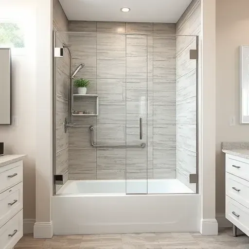 Spring TX bathroom featuring a modern tub-to-shower conversion with clear glass doors polished chrome fixtures textured tiles and LED lighting